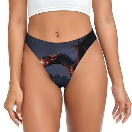 Qokaie Fire Breathing Dragon Twilight Printed Women s Cotton Thong Underwear  Sexy Breathable Panties G-string-X-Small