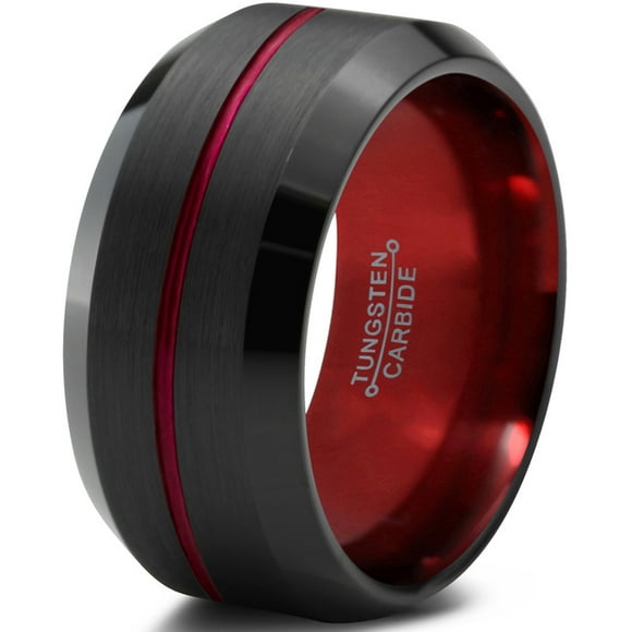 Tungsten Wedding Band Ring 10mm for Men Women Red Black Beveled Edge Brushed Polished Center Line Lifetime Guarantee