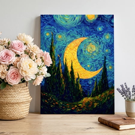 Moon Valley Canvas Wall Art Impressionist Art Mystical Twinkling Hills Galaxy Pictures Wall Decor Wooden Framed Artwork Art Prints for Living Room Hallway Bedroom Office 8 x12