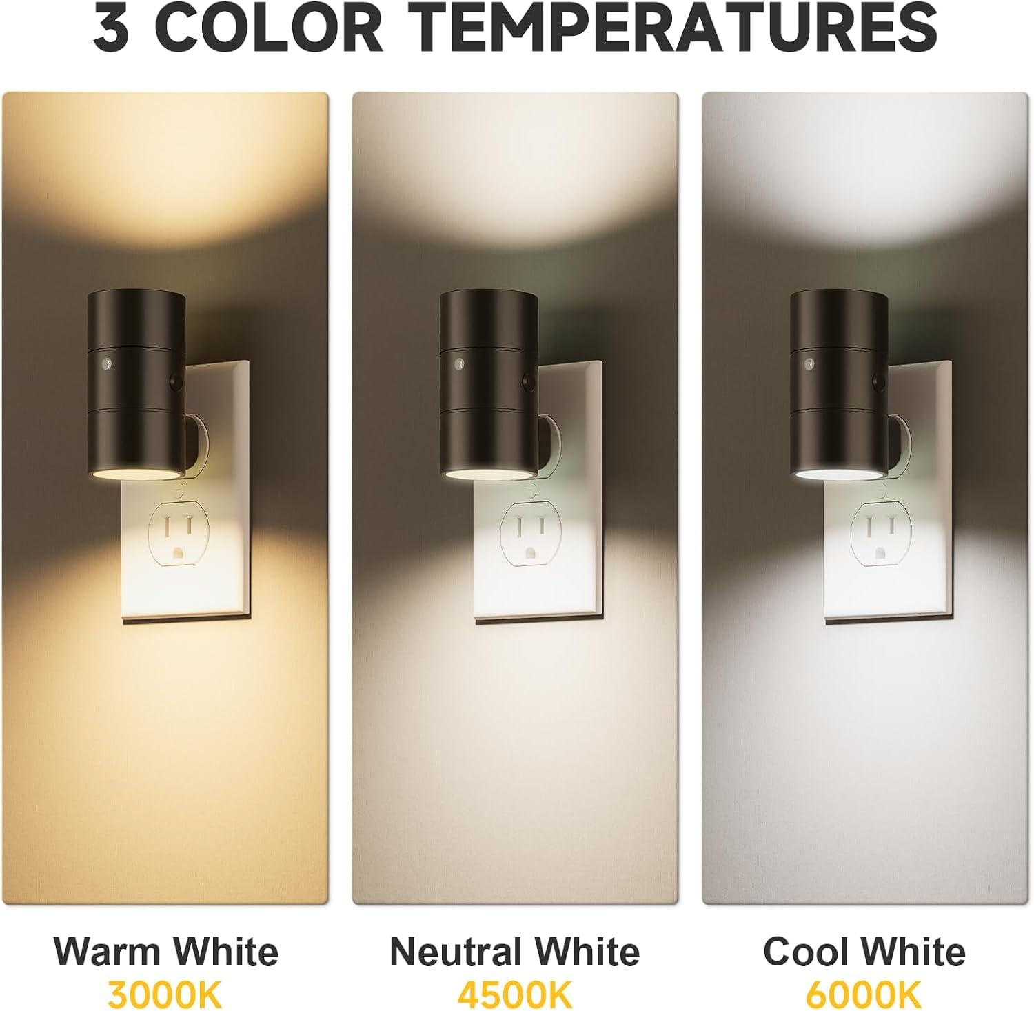Night Lights Plug into Wall, Dimmable with 3 Color Modes & Auto On/Off Sensor, Ultra-Slim Nightlight for Hallway, Bathroom, Bedroom, Nursery, Kitchen (4 Pack, Black)