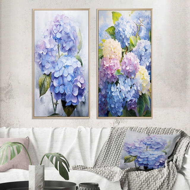 Designart "Blue violet Hydrangea Eternal Blooms II" Hydrangea Framed Wall Art Set Of 2 - Blue Floral Framed Canvas Set For Living Room Decor