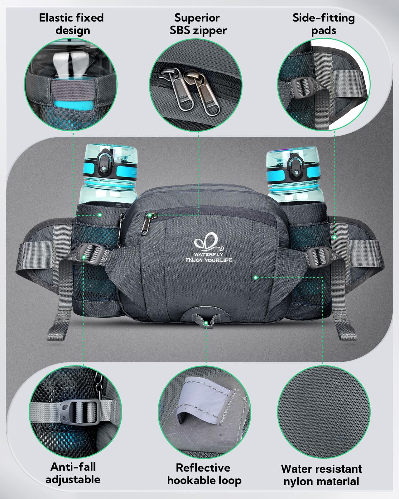 WATERFLY Unisex Large Capacity Hiking with Bottle Holder Nylon Fanny Pack Waist Bag,Gray