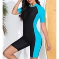 thumbnail image 2 of TiaoBug Women Short Sleeve Zip Up Shorty Wetsuit Color Block Athletic Rashguard Shirts Beach Monokini Blue&Black M, 2 of 3