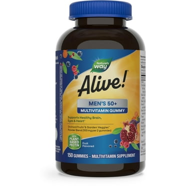 Natureâ€™s Way Alive! Menâ€™s 50  Daily Gummy Multivitamins, Supports Healthy Brain, Eyes, Heart*, B-Vitamins, Gluten-Free, Vegetarian, Fruit Flavored, 150 Gummies (Packaging May Vary)