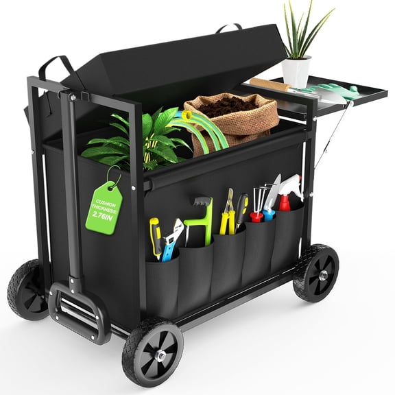 Yacona 2-in-1 Garden Cart with Seat, 350lbs Garden Stool for Seniors with Wheels, Outdoor Rolling Gardening Seat with Side Trays, Black