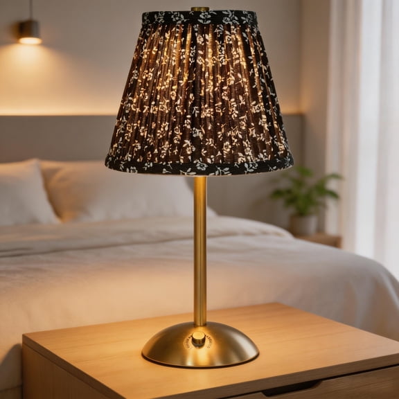 Cordless Rechargeable Table Lamp with 3 Color Temperatures & Dimming, Brown Floral Pleated Shade for Dinner Party Tablescape