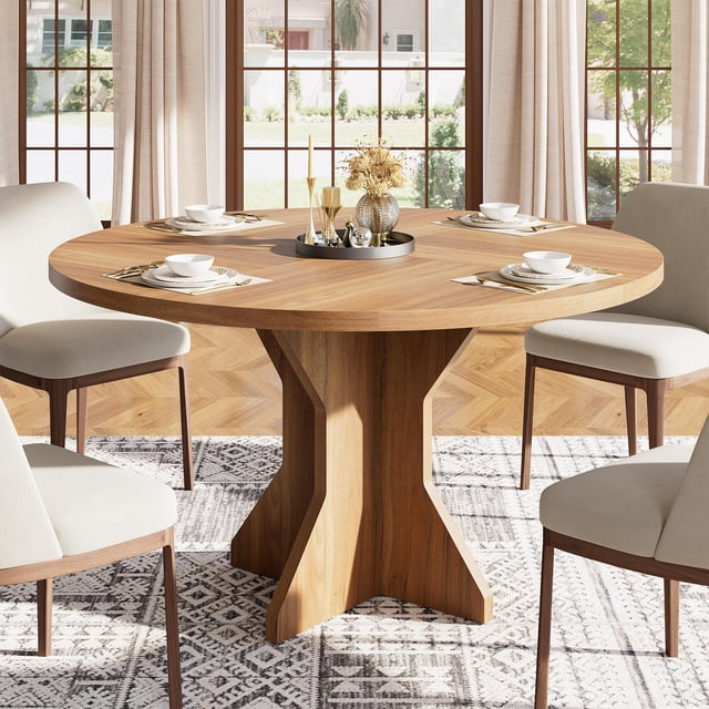 Round Dining Table for 4-6 People, 120cm Dining Room Table with Wooden Pedestal Base, Dinner Tables, Circle Kitchen Tables for Dining Room, Kitchen, Living Room (Table Only)
