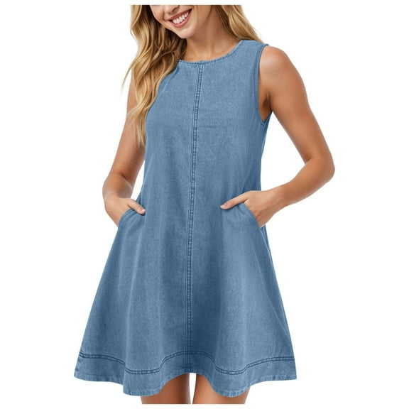 JIUKE Denim Dress for Women Casual Sleeveless Crewneck Vintage Loose a Line Mini Sundress with Pockets