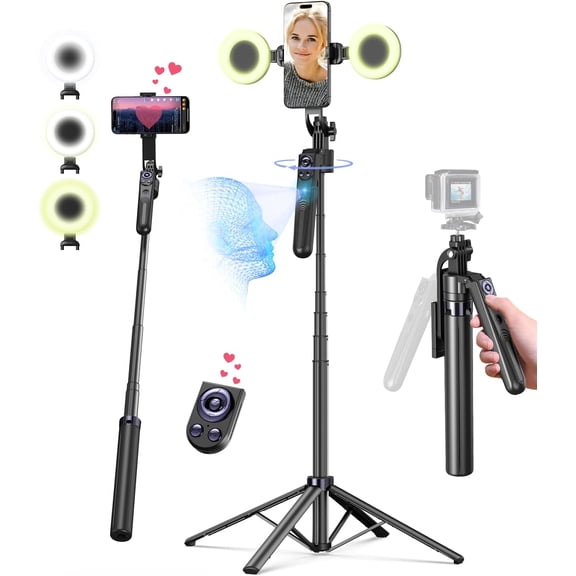 71 Auto Face Tracking Tripod for iPhone with Light,360 Rotating Phone Stand with Rechargeable Remote Control for TikTok Vlog Video Recording, Phone Tripod for Android Camera/GoPro/Ring Light