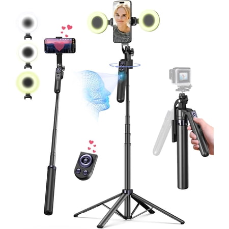 71&rdquo; Auto Face Tracking Tripod for iPhone with Light 360&deg; Rotating Phone Stand Rechargeable Remote Control TikTok Vlog Video Recording Android Camera/GoPro/Ring Light