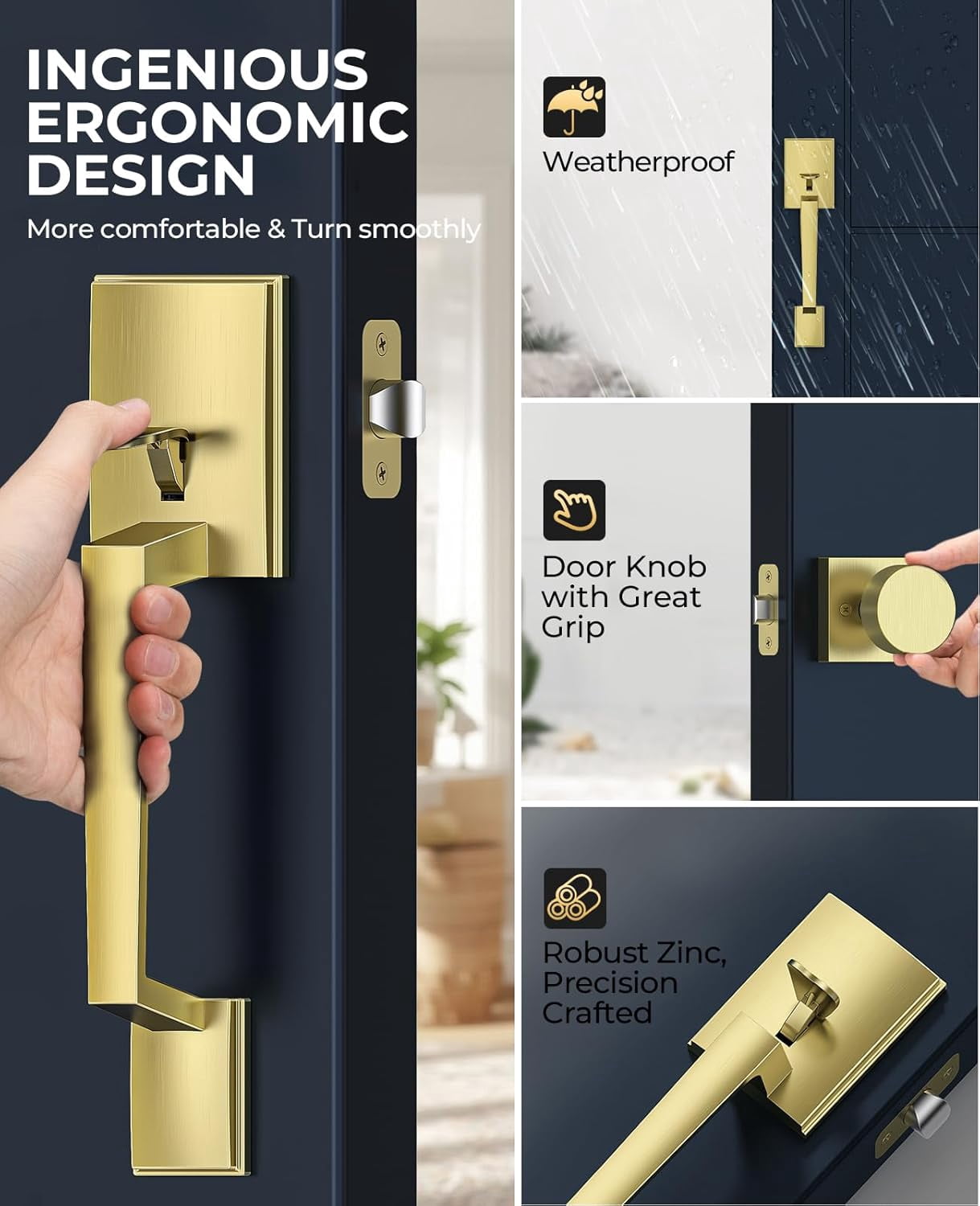 Klamerit Front Door Handle No Lock, Gold Front Door Lock Set with Modern Knob, Adjustable Exterior Entry Handleset, Lower Half Grip