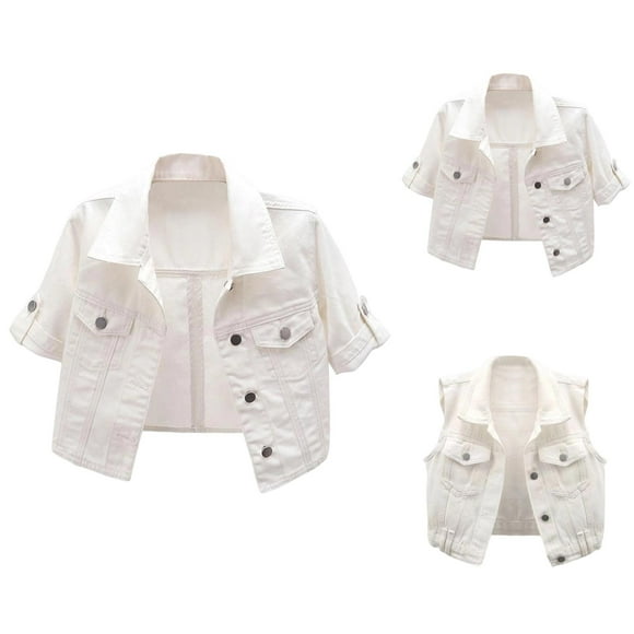 White Denim Vest Jacket for Women Sleeveless Button Down Lapel Collar Casual Cropped Jean Vest Outerwear