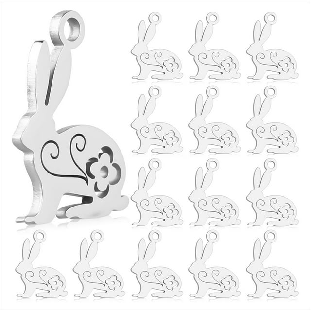 20 Piezas de Dijes de Conejo de Acero Inoxidable, Colgantes de Conejito de Pascua con Flor Hueca, Dijes de Metal de Animales Pequeños, Plata