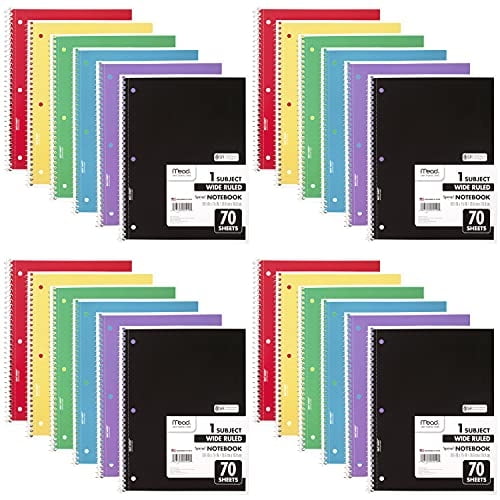 Cuadernos Espiral Mead, 24, 1Materia, Rayado Ancho, 10-1/2x8, 70 Hojas, Colores Surtidos