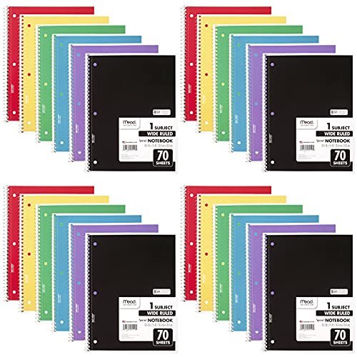 Cuadernos Espiral Mead, 24, 1Materia, Rayado Ancho, 10-1/2x8, 70 Hojas, Colores Surtidos