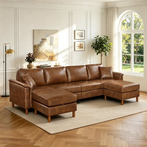 120" U-Shaped Sectional Sofa with 2 Removable Storage Ottomans, Faux Leather Couch, Breathable PU Leather, Solid Wood Frame, Vintage Brown