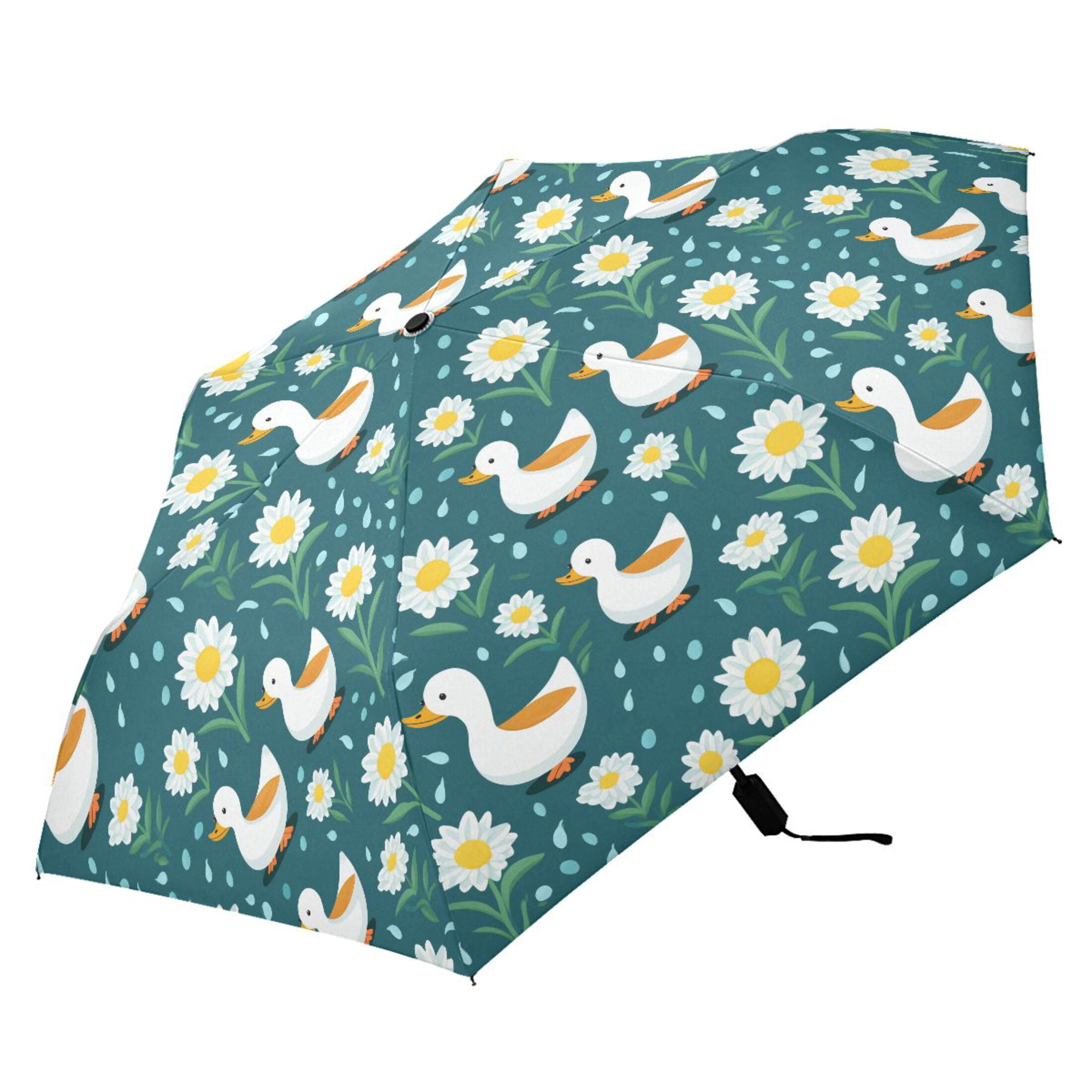 Cartoon Cute Duck and Daisies Compact Sun Umbrella Windproof Travel Umbrellas for Rain Strong Portable UV Protection