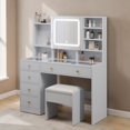thumbnail image 3 of Hassch Vanity Desk with Lighted Mirror Cabinet and Charging Station, 47.2" Makeup Table with Hooks, Glass Top and Cushioned Stool, Dressing Table with Open Shelves and 5 Storage Drawers, White, 3 of 8