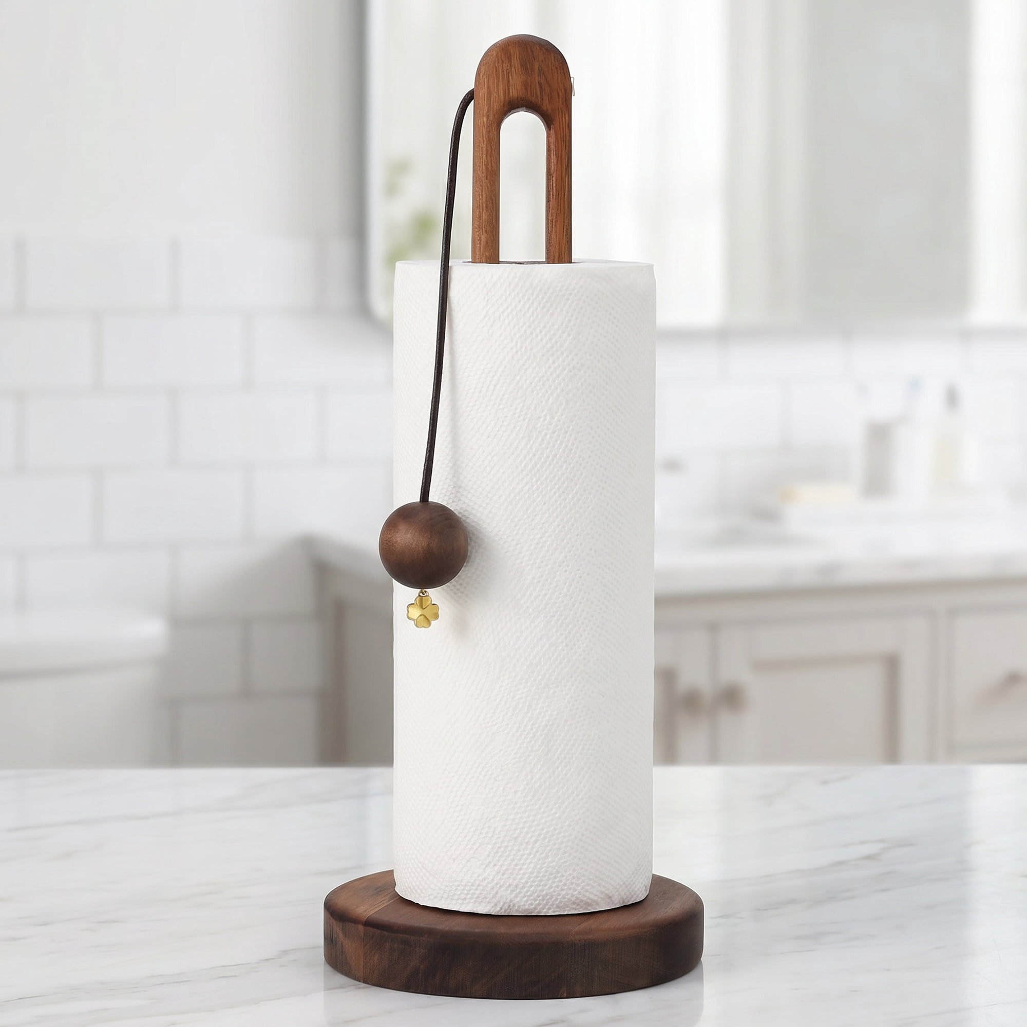 Unique Bargains Paper Towel Holder Countertop Modern Base Wood Dark brown 12.2x5.1inch