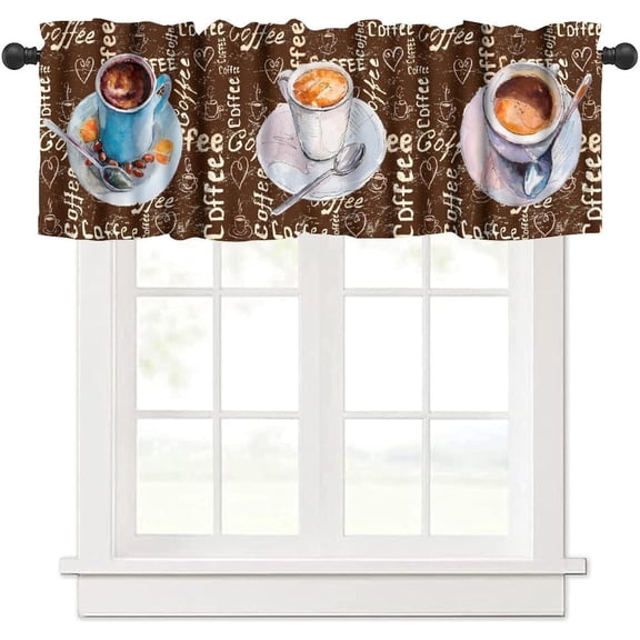 Coffee Valance Curtains Vintage Watercolor Illustration Hearts Mugs Words Doodles Window Treatments for Bedroom Kitchen Living Room Office 54x18inch