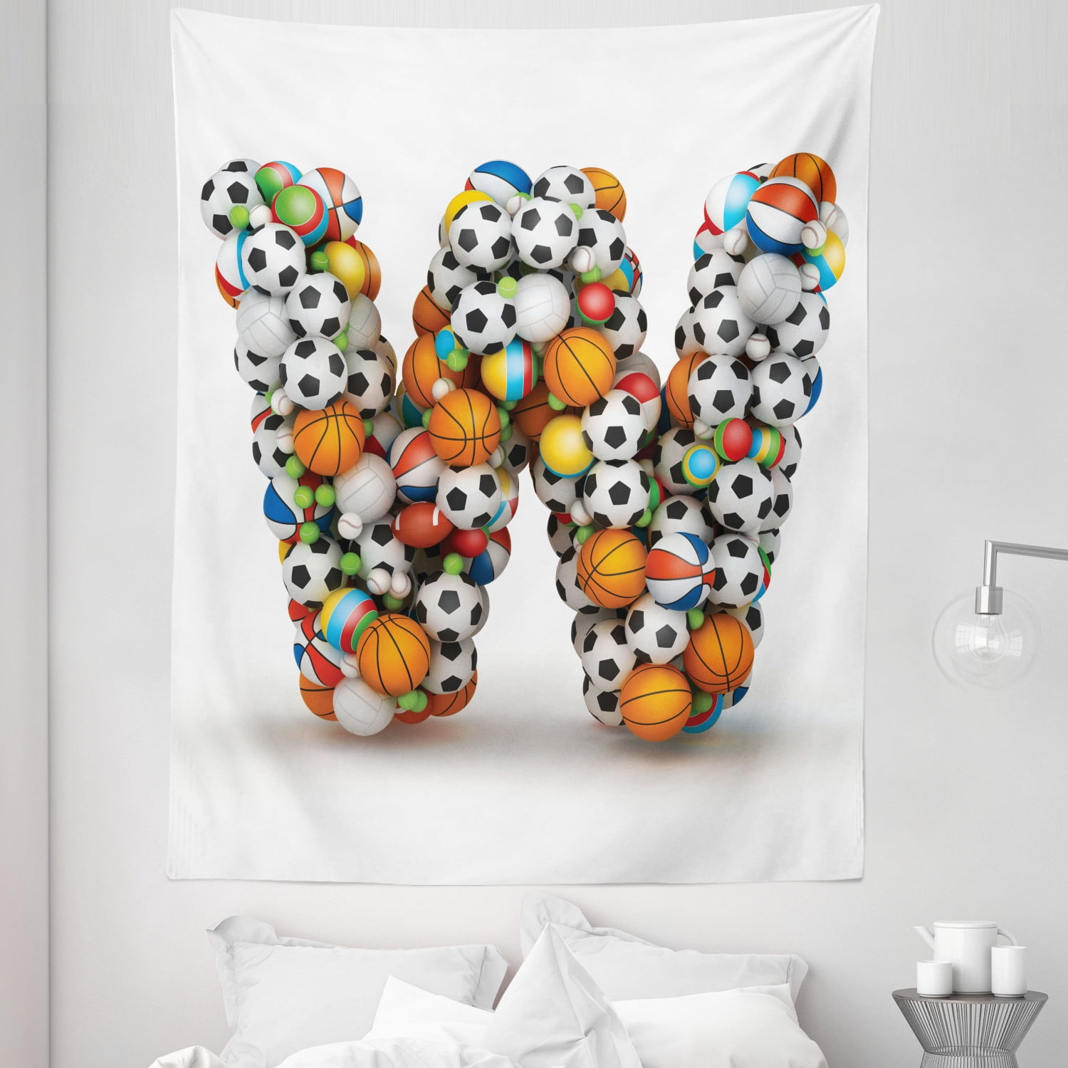 Letter W Tapestry, Sports Themed Typography Alphabet with Various Balls ...