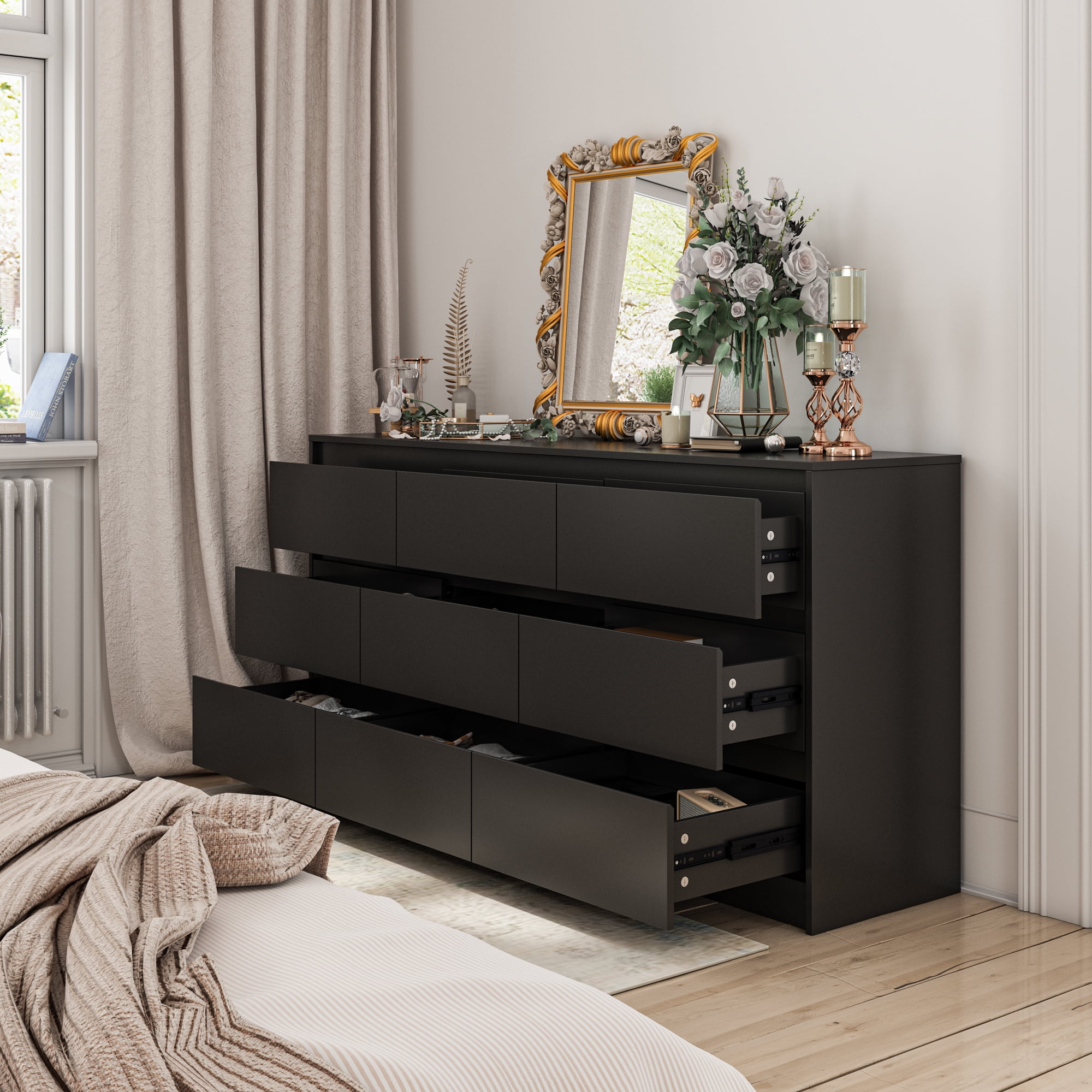 MONSLIPA 9 Drawer Chest of Drawers, Modern Wooden Storage Dresser for Bedroom Hallway, Black