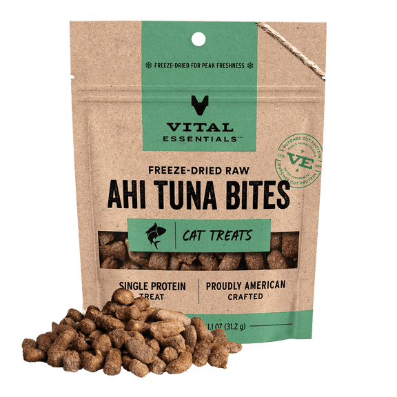 Vital Essentials Freeze Dried Cat Treats | Ahi Tuna Bites, Single Protein | Grain Free, Crunchy Cat Treats, 1.1 oz bag