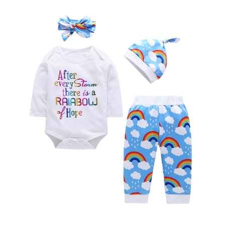 4pc Baby Boys Girls Long Sleeve Romper and Rainbow Pant Outfits Set Fall Winter Clothes 18-24M