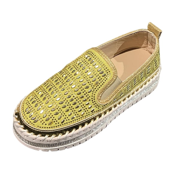 Women Sparkling Round Toe Slip on Casual Shoes Rhinestone Decor PU Upper Flat Heel Comfort Lightweight Walking Shoes for Daily Wear Parties