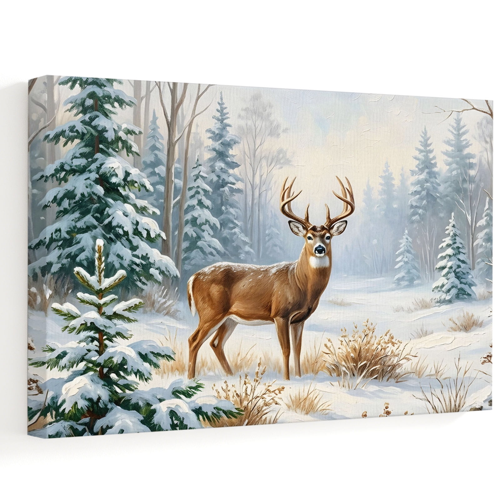 Winter Majestic Buck Canvas Wall Art 32 x 24 Rustic White Green Snowy Pine Forest Wilderness Frame Picture Prints Ready to Hang Waterproof Artwork Decor for Living Room Above Fireplace Bedroom