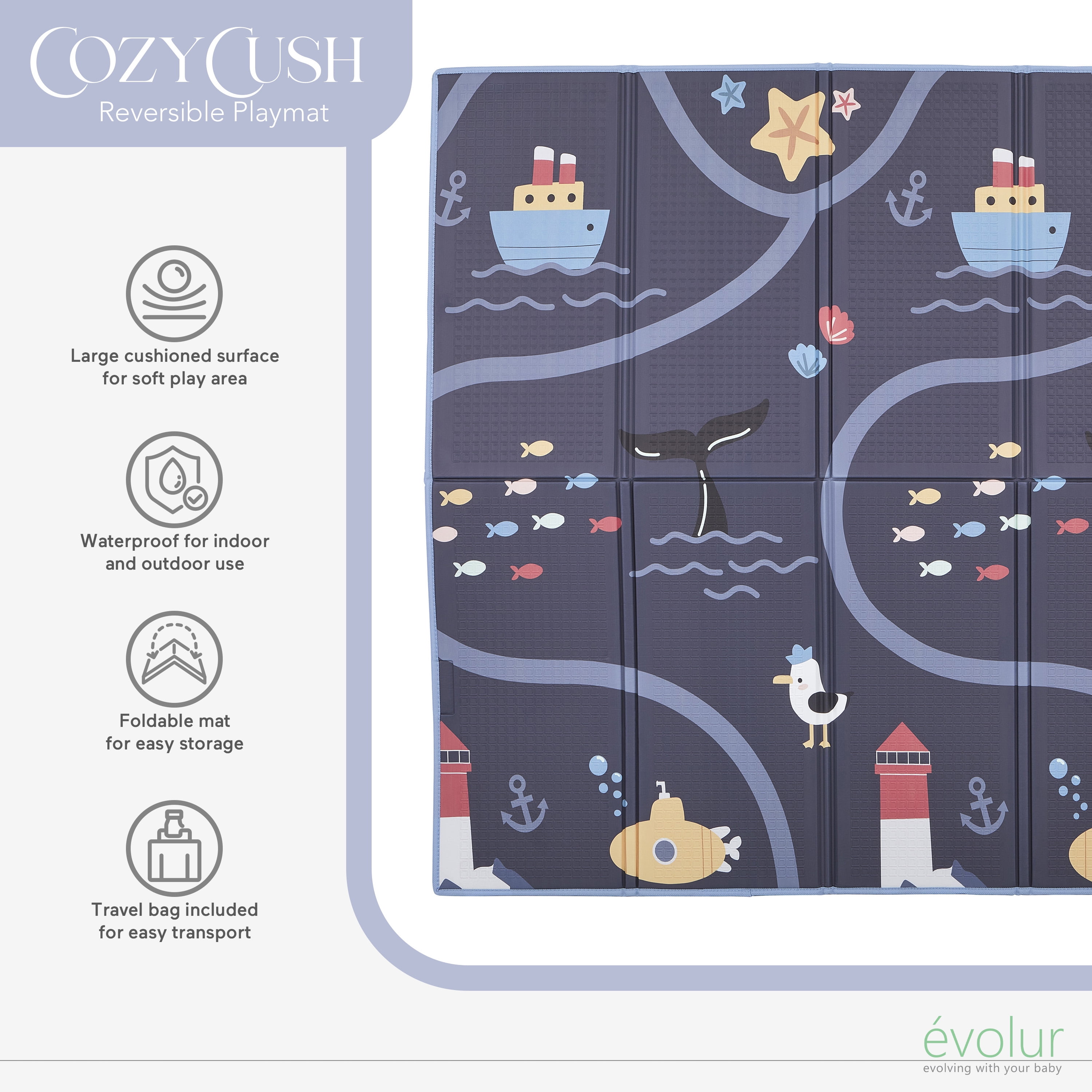 Evolur CozyCush Reversible Non-Toxic Baby Kids Playmat, Ocean