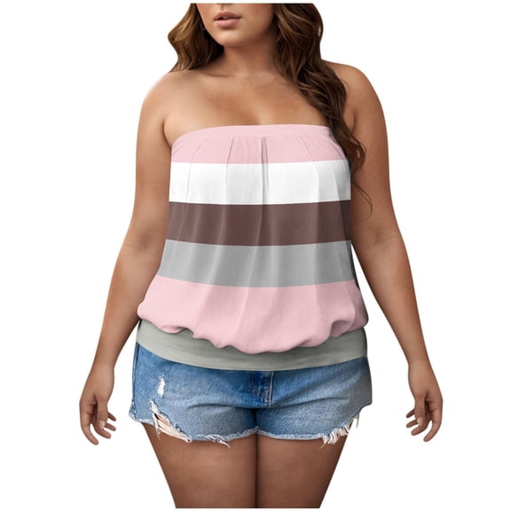 Hxshgdsn Summer Women Plus Size Tube Top Strapless Pleated Striped Color Block Bandeau Shirt Off Shoulder Tunic Top(Pink/S)