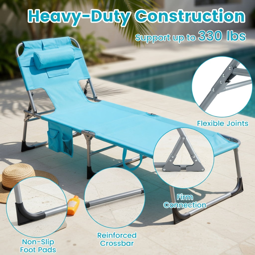 Hommoo Foldable Tanning Chair with Face & Arm Holes, Oxford Fabric Sun Lounger for Beach, Pool, Patio, Turquoise