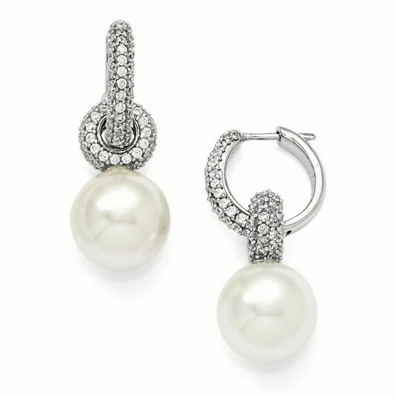 Sterling Silver 12-13mm White Shell Bead & CZ Hoop Earrings