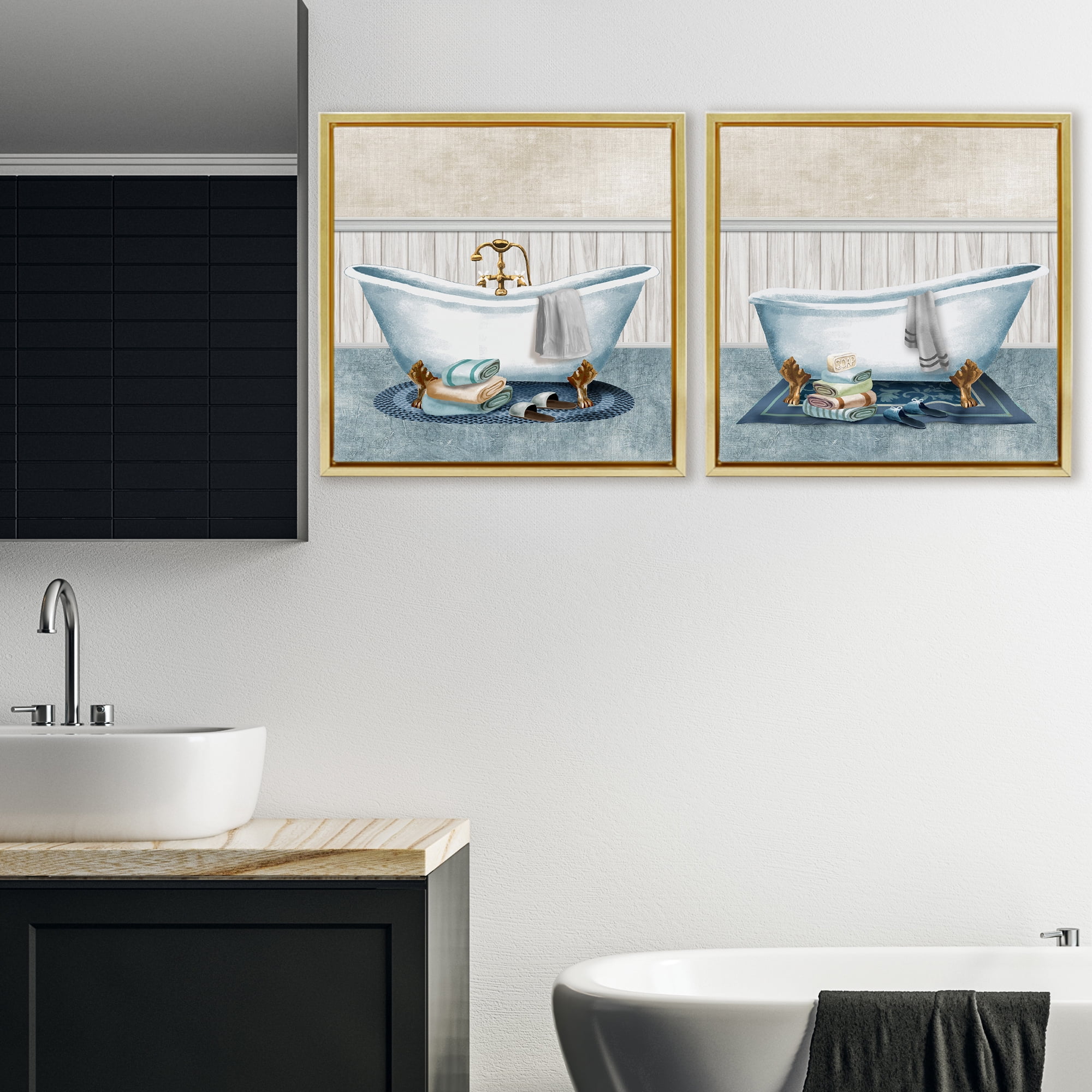 Stupell Industries Cozy Bathtub & Slippers 2 Piece Gold Framed Floater Canvas Set, design by Conrad Knutsen