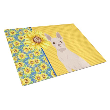 

Summer Sunflowers White Boston Terrier Glass Cutting Board Large 12 in x 15 in
