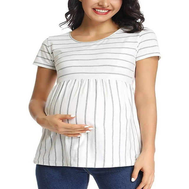 T-Shirt pour Femmes Enceintes à Rayures Imprimées à Manches Courtes Col Ras du Cou Grossesse Maternité Chandails Hauts