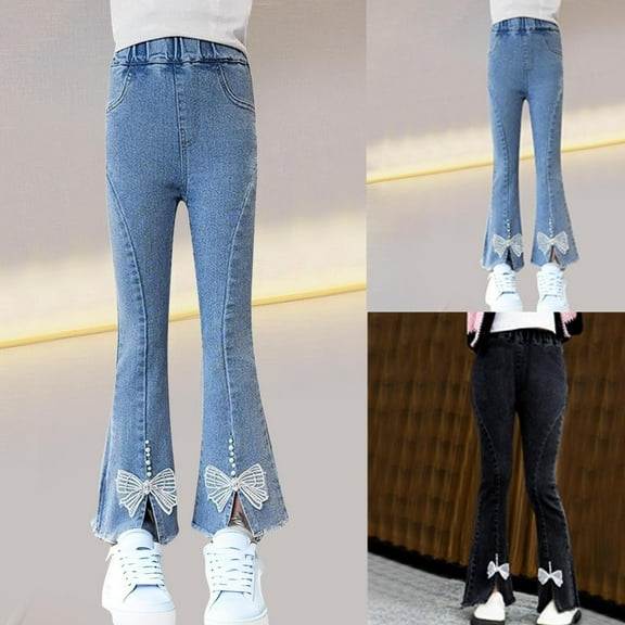 SEAOPEN Girl's Casual High Waist Solid Denim Pants Stretchy Flare Leg Jeans with Pocket Blue 7 Years