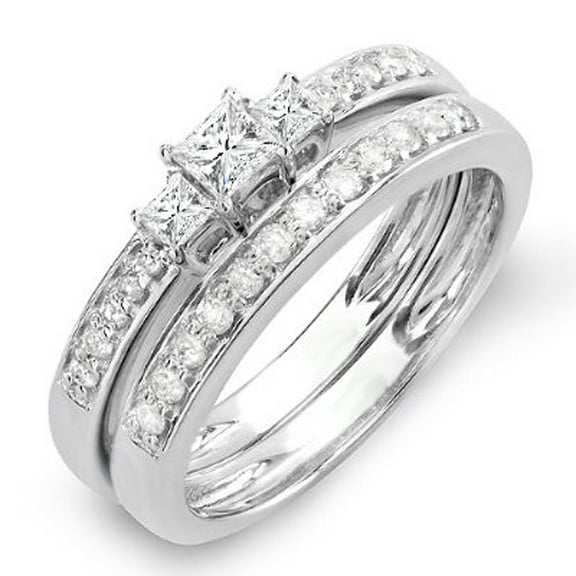 Dazzlingrock Collection 0.65 Carat (ctw) 14k Princess & Round Diamond Ladies 3 Stone Engagement Bridal Ring Set, White Gold, Size 6