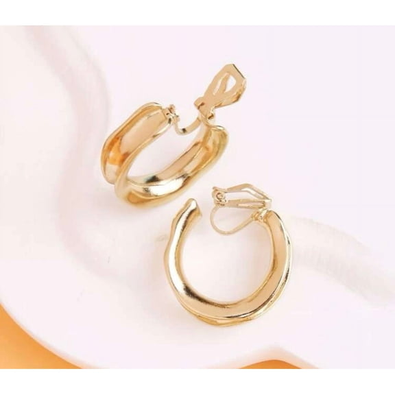 Clip on 1" gold hammered indented edge hoop earrings