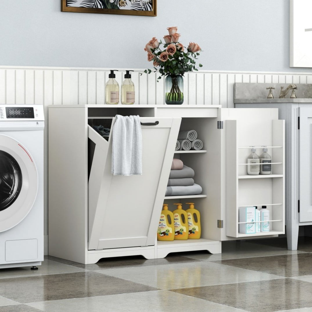 Laundry Cabinet with Tilt-Out Hamper, Freestanding Storage Cabinet with Doors, 3-Tier Shelves and Adjustable Shelf, White Bathroom Organizer, White