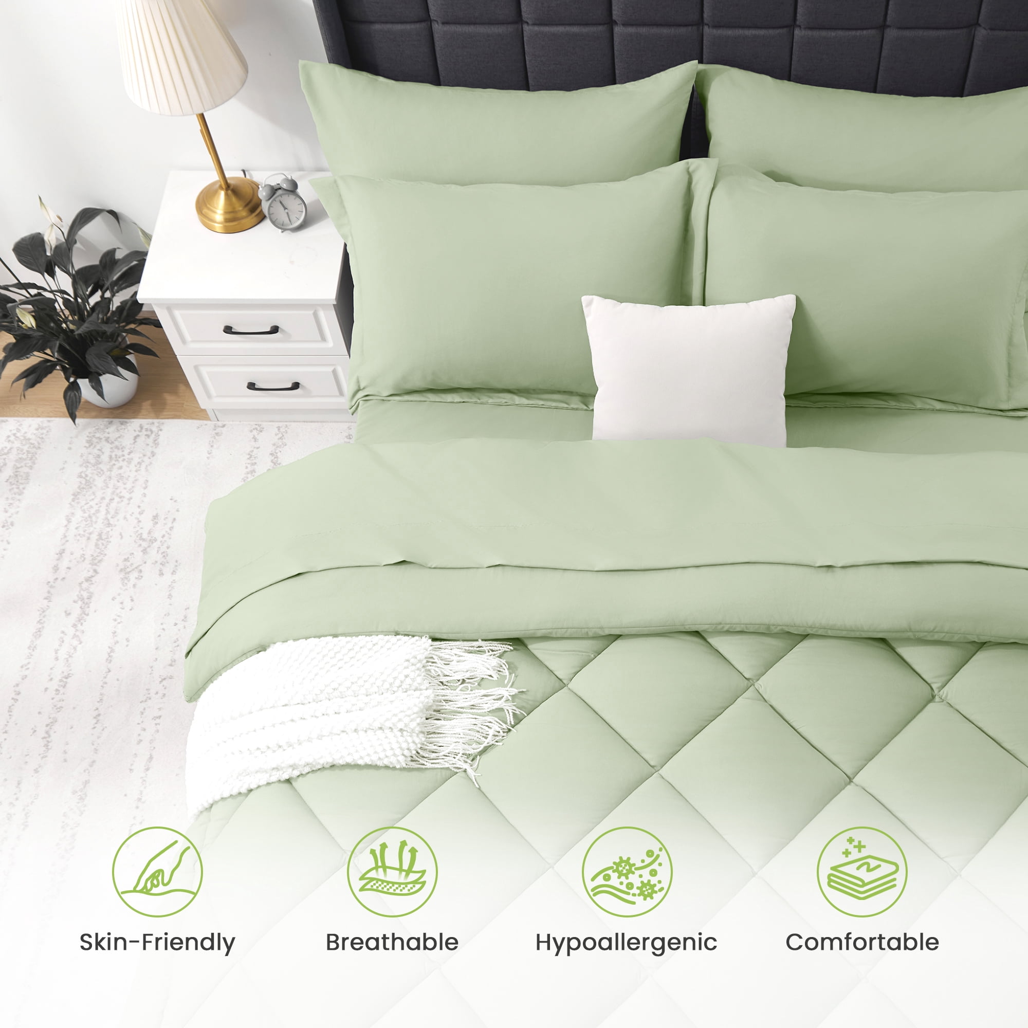 WISHEAD Twin Bed in a Bag Comforter Set with 5 Pieces for Girls and Boys Sage Green All Season Bedding Sets with Comforter, Pillow Sham, Flat Sheet, Fitted Sheet and Pillowcase