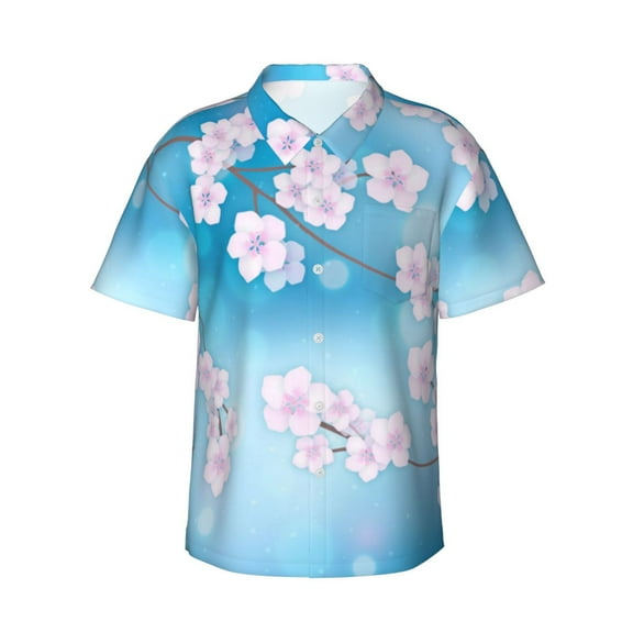 Pink Cherry Blossoms Men'S 3d Print Casual Button Down Shirts, Novelty Hawaiian Short Sleeves S