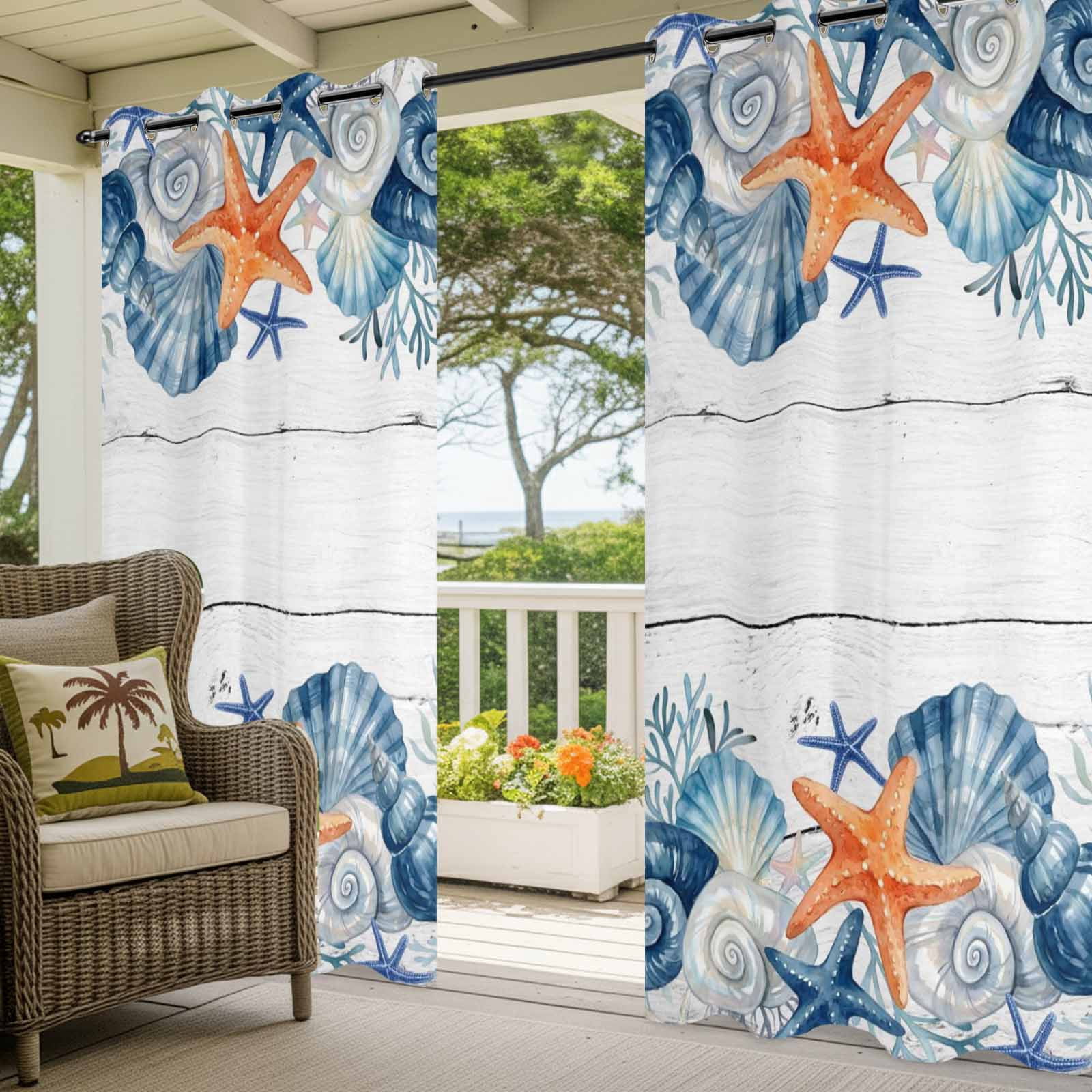Summer Sea Shell Outdoor Curtains for Patio, Nautical Ocean Watercolor Starfish Coral Wood Grain Sunshade Privacy Drapes Grommet Waterproof Outside Curtains for Porch Balcony 54"x 108", 1 Panel