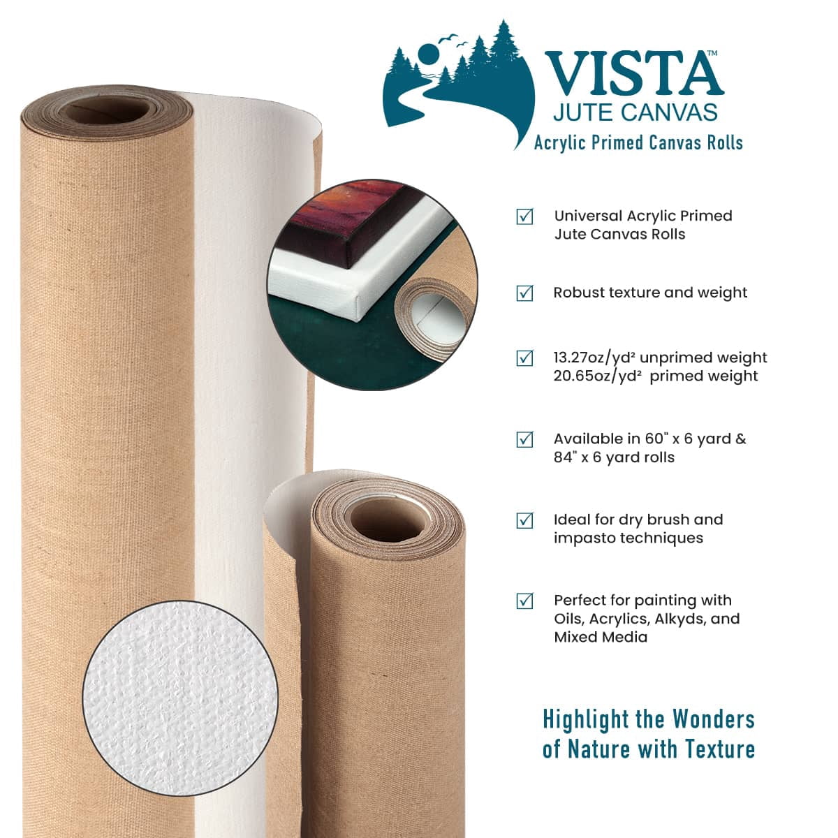 Vista Jute Acrylic-Primed Canvas Roll, 60" x 6 Yards, Jute Woven Rolls for Painting, Extra-Coarse Texture, DIY Canvases, 16.52 oz Triple-Primed, for Oils, Acrylics, Mixed Media Techniques