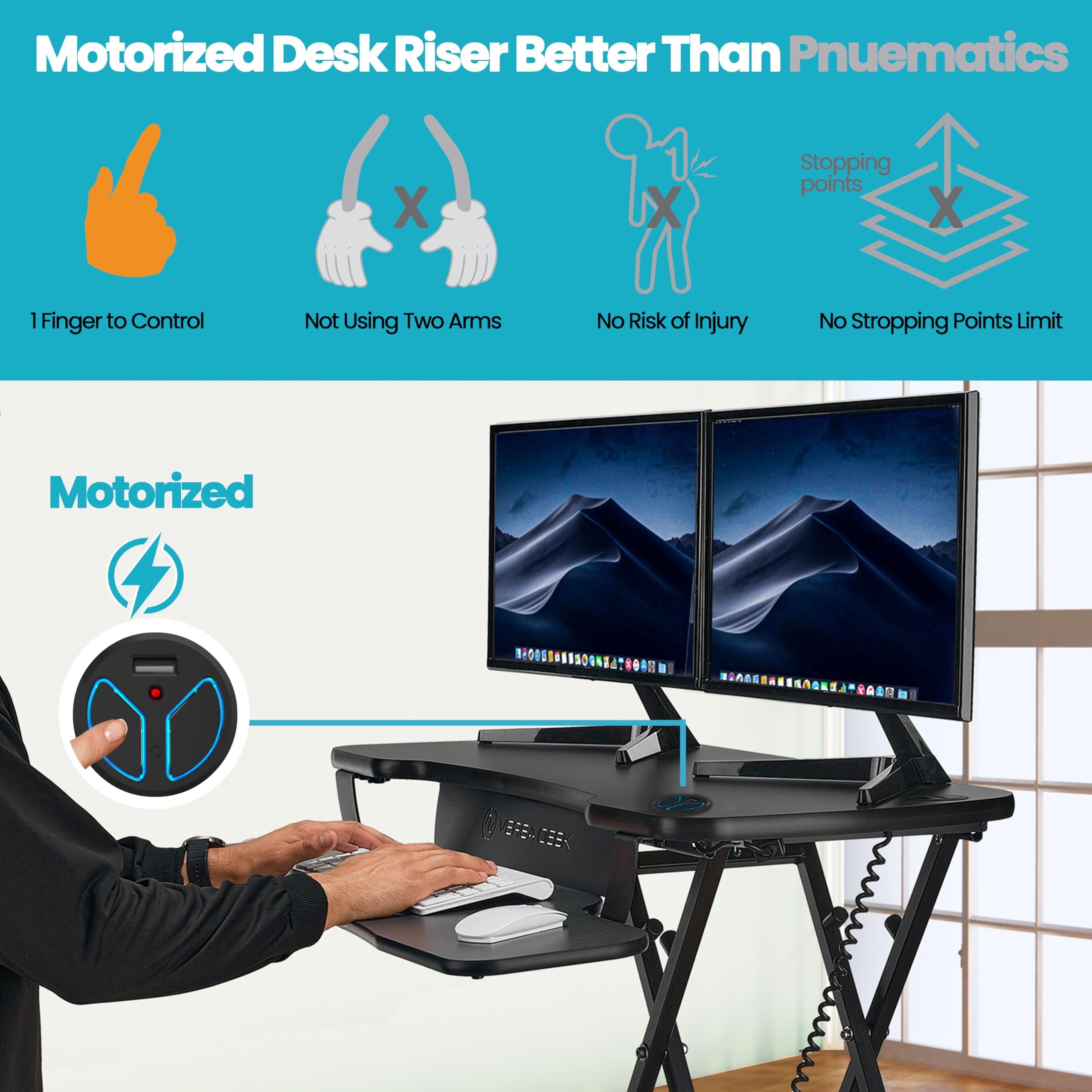 VersaDesk® 48"x24" Extra Wide Electric Height Adjustable Standing Desk Converter for Multi Monitor & Laptop Workstations, Black, w/ USB Charging Port
