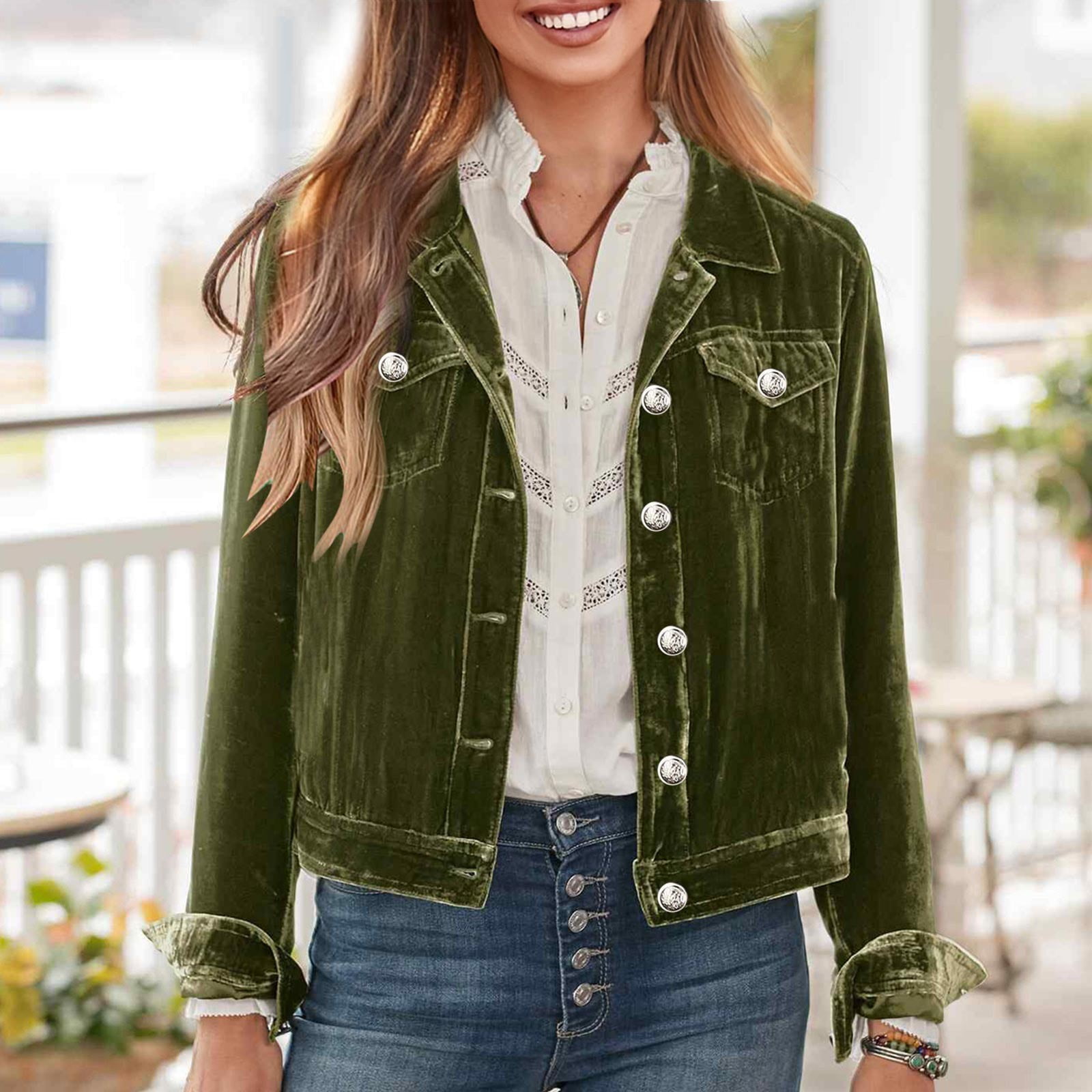 Bmisegm Ladies Gold Velvet Denim Jacket Single Breasted Long