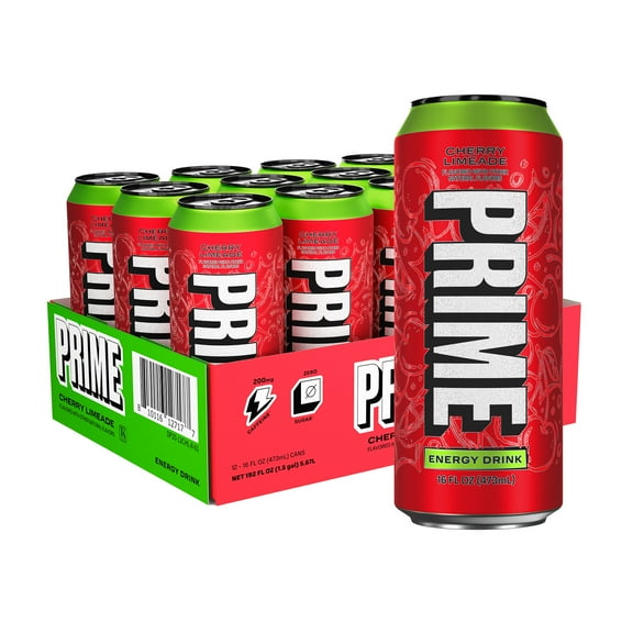 Prime Sugar Free Energy Drink, Cherry Limeade, 16 fl oz, 12 Pack, Cans, 200mg Caffeine