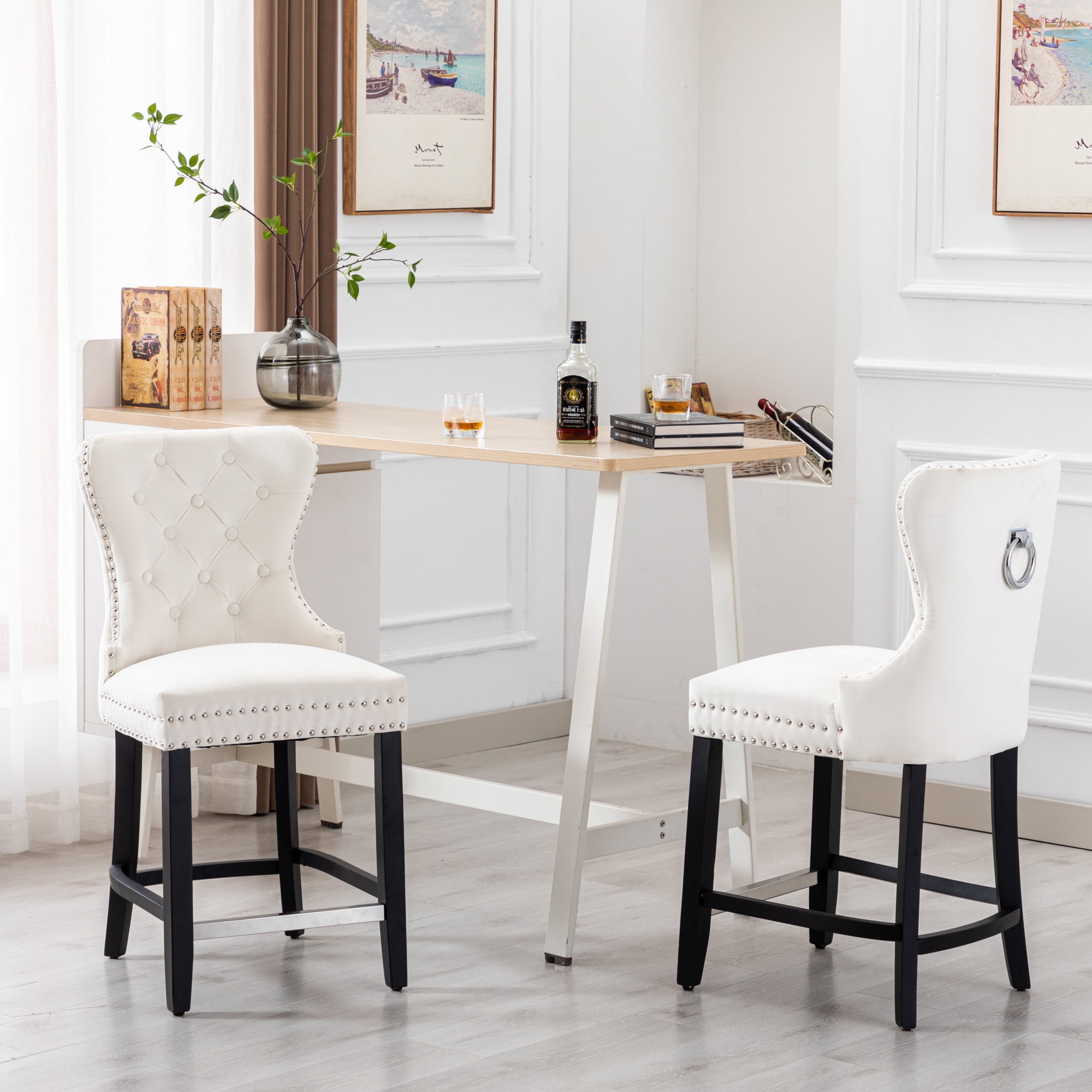 Westin Outdoor 24" Tufted Velvet Bar Stool (Set of 2), Black/Velvet Cream