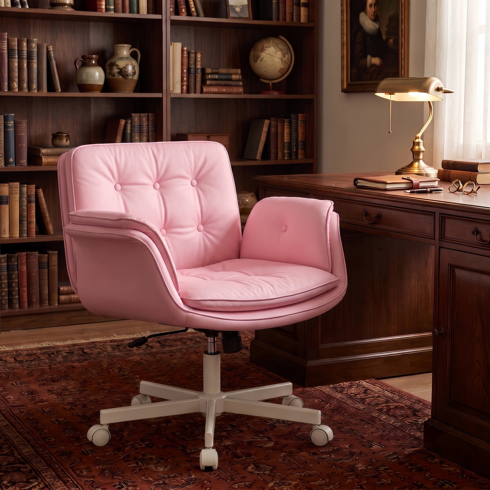 Kelno Criss Cross Office Chair with Wheels Armrests 300lbs Capacity Height Adjustable PU Leather Wide Desk Chair Swivel Vanity Chair, Pink